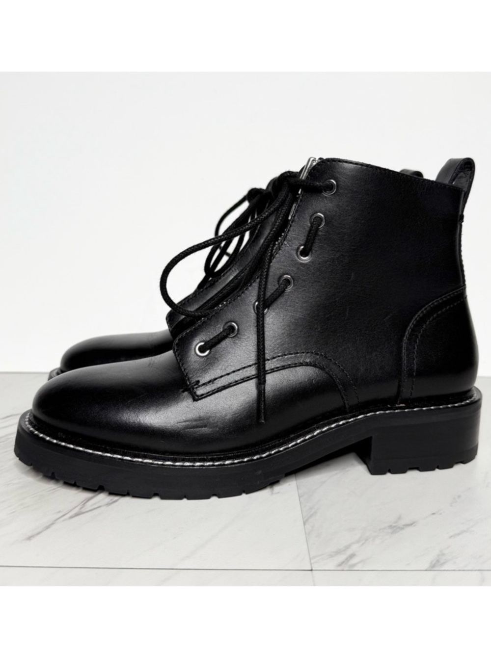 Rag & Bone Cannon Lace Up Zipper Black Leather Combat Boot 37.5